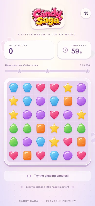 Candy Saga game with colorful heart, star, and gem candies, a score goal, and a 60-second timer.